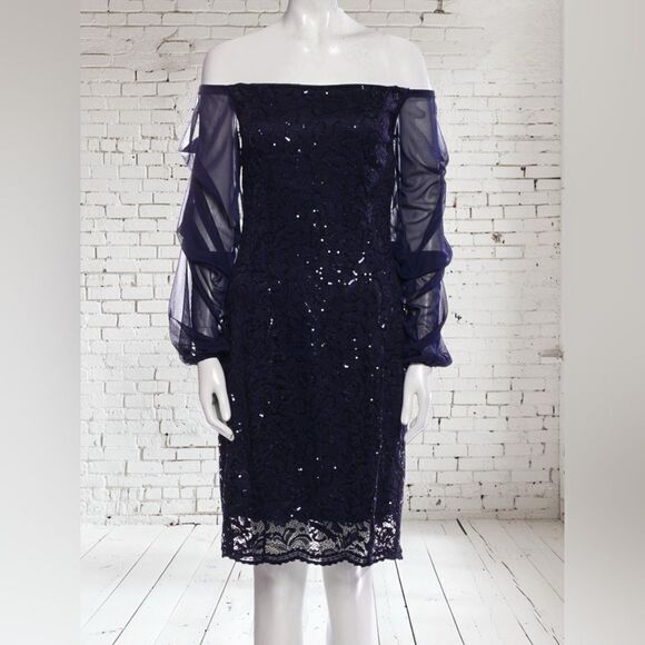 Marina Blue Off Shoulder Sequin Detail Dress - Picture 1 of 5
